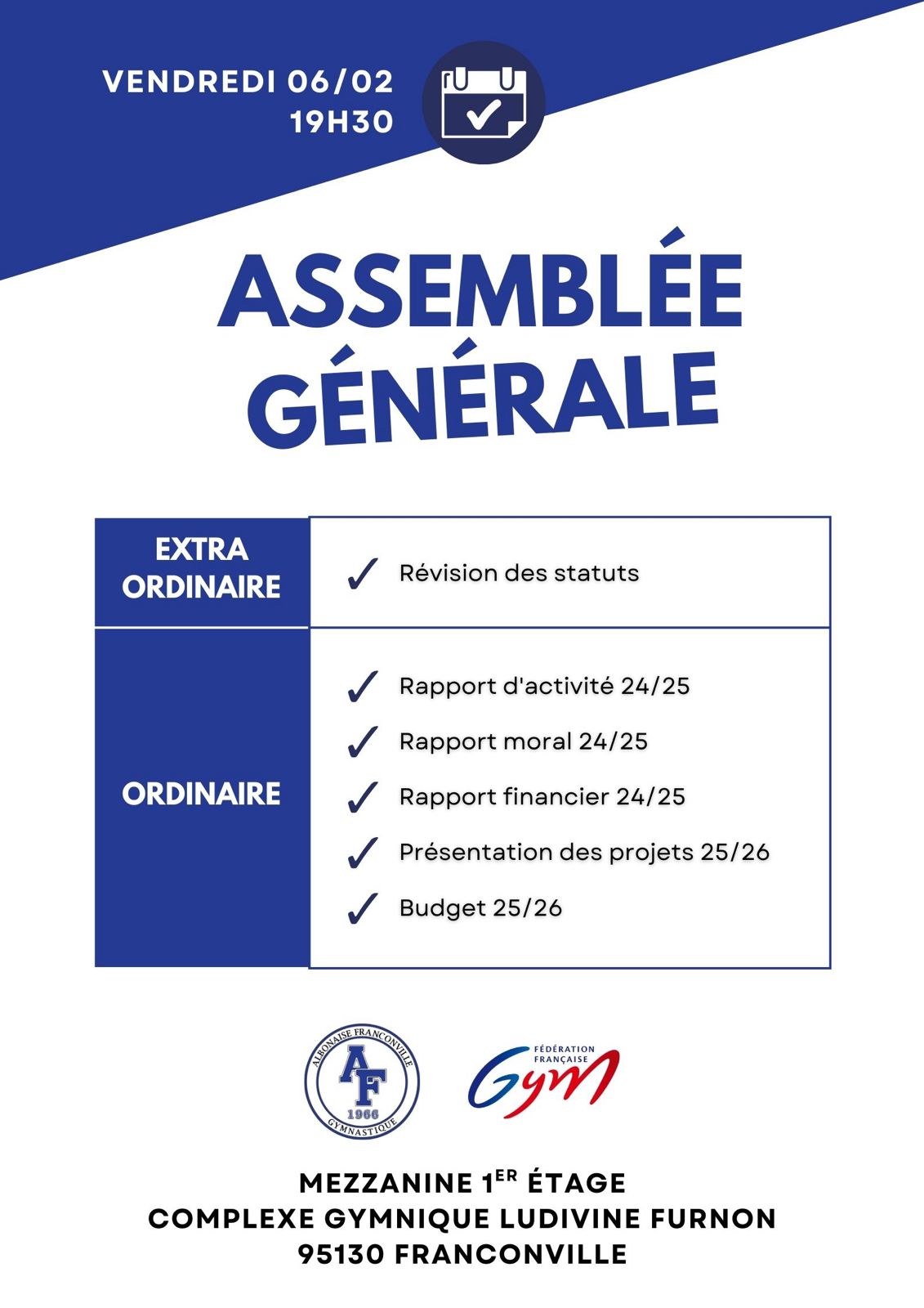 AGE & AGO  annuelle vendredi 06 Février 2026 à 19h30